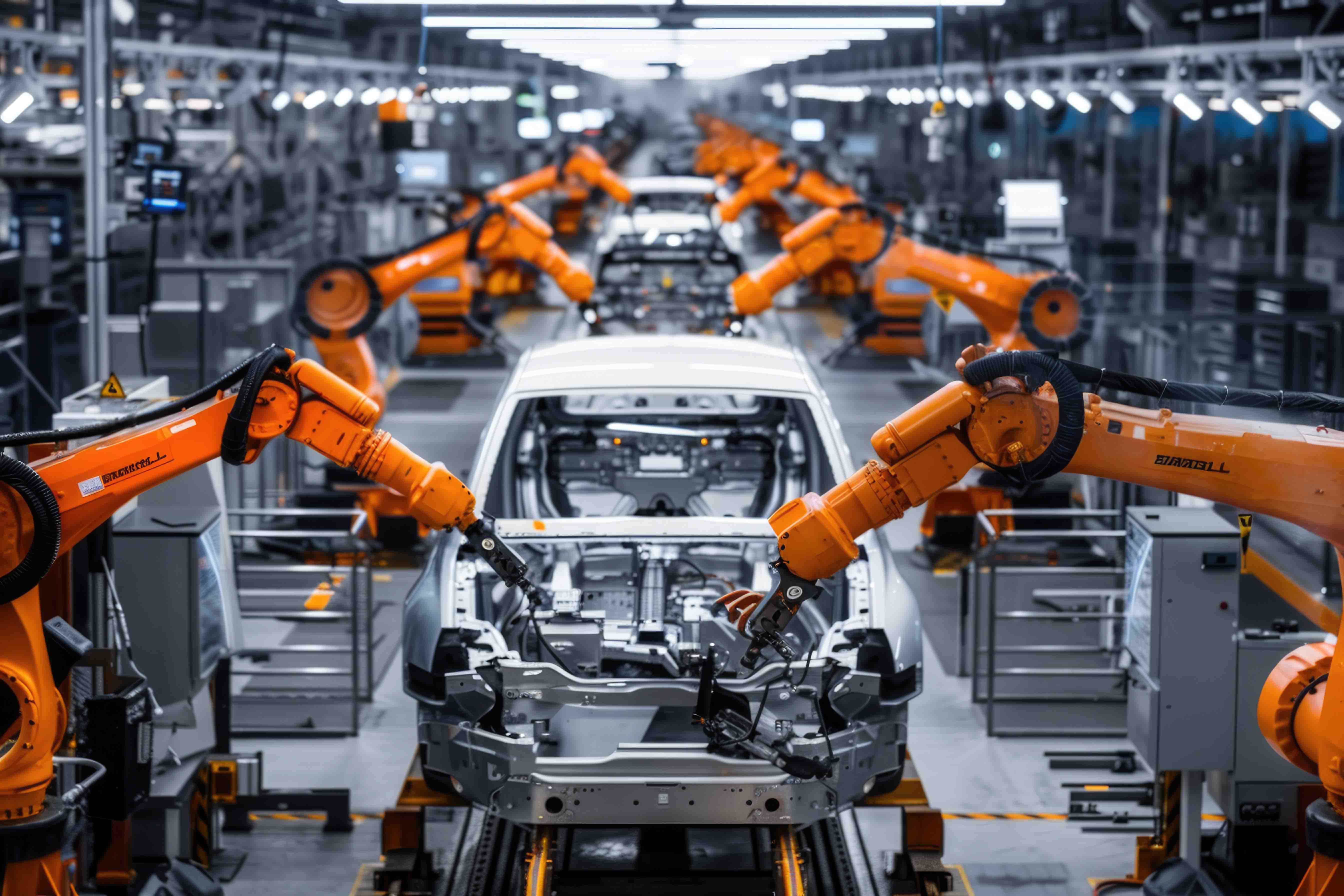Automotive factory automation robots welding vehicle bodies